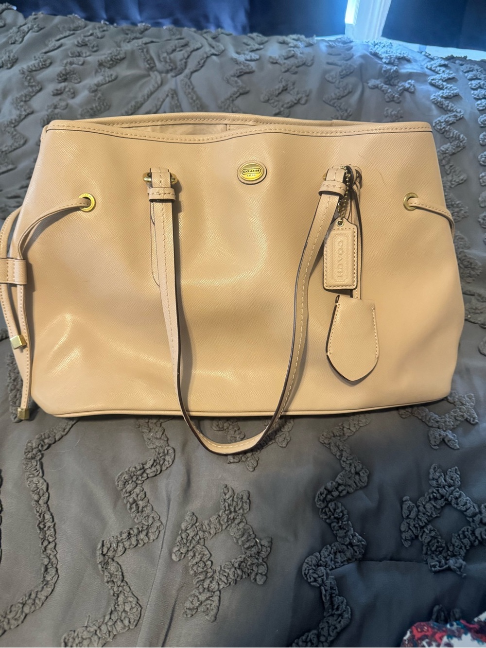 Coach Beige Leather Tote with Gold Hardware and Logo Tag